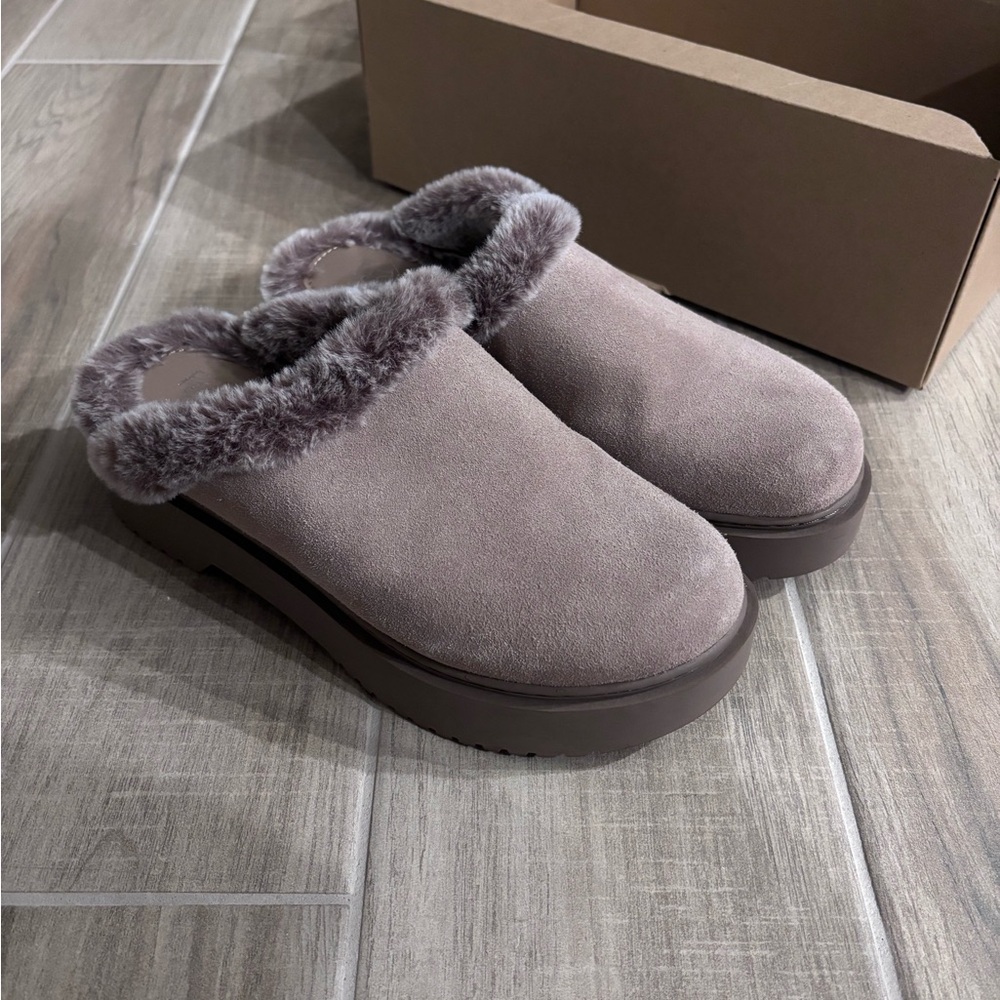 Franco Sarto Gray Fur-Trimmed Slippers